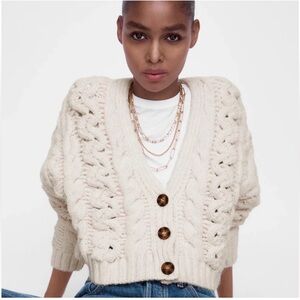 Zara Ecru Cable Knit Cropped Cardigan Sweater Size S